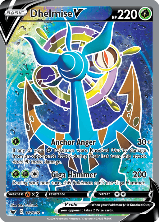 A Pokémon trading card featuring Dhelmise V (187/202) [Sword & Shield: Base Set] with 220 HP from the Sword & Shield series. The card, an Ultra Rare, has abilities "Anchor Anger" and "Giga Hammer." The background displays swirling colors with an anchor motif. It shows details like weaknesses, retreat cost, and is a Basic V rule Pokémon card.