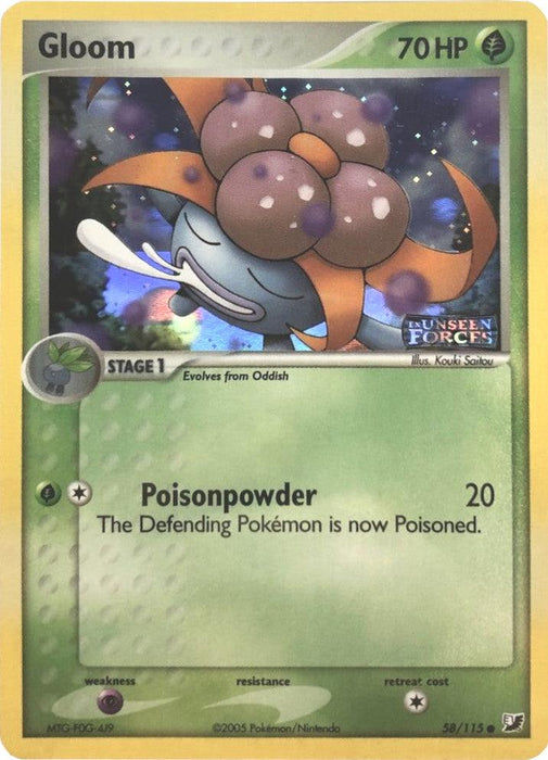 A Pokémon Gloom (58/115) (Stamped) [EX: Unseen Forces] trading card from EX: Unseen Forces featuring Gloom. The card has 70 HP and shows Gloom with blue petals, a drooping head, and a large orange flower releasing spores. It is a Stage 1 Grass type, evolves from Oddish, and has the ability "Poisonpowder," dealing 20 damage and poisoning the opponent's Pokémon.