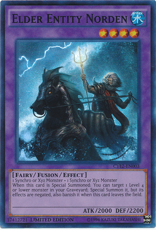 A Yu-Gi-Oh! card from the 2015 Mega-Tins, "Elder Entity Norden [CT12-EN003] Super Rare" depicts a mystical warrior with a trident riding a dark, armored horse in misty surroundings. This Fairy Fusion/Effect Monster boasts stats of 2000 ATK and 2200 DEF, with card text detailing its special summoning ability.