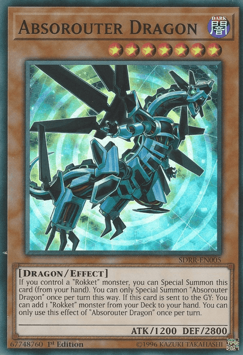 A Yu-Gi-Oh! trading card titled "Absorouter Dragon [SDRR-EN005] Super Rare" from the Structure Deck: Rokket Revolt. It features a dark, mechanical dragon with glowing blue accents and segmented armor. The card shows its stats: ATK 1200 and DEF 2800, including effects related to "Rokket" monsters, number SDRR-EN005.