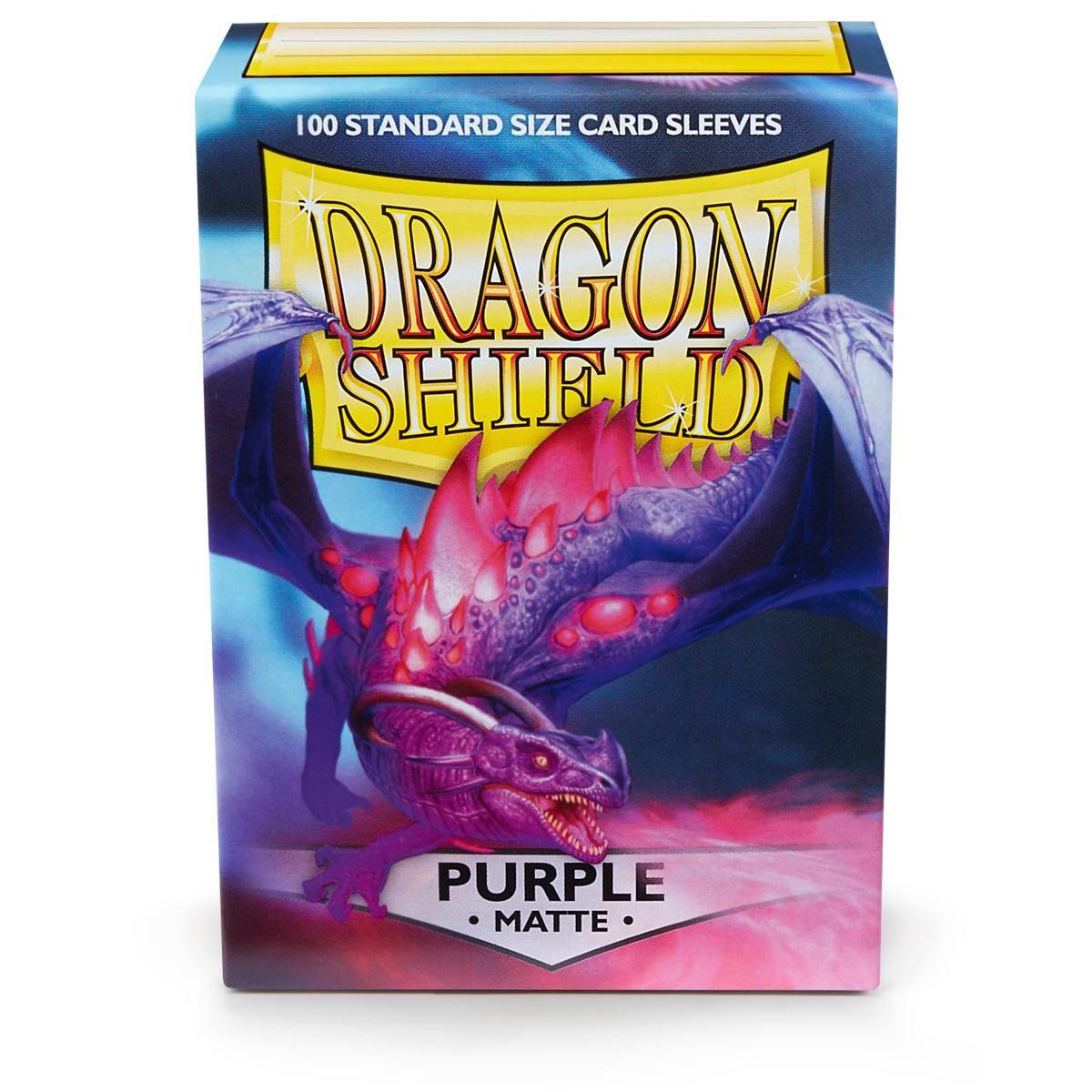 Image of an Arcane Tinmen Dragon Shield: Standard 100ct Sleeves - Purple (Matte) box. The box displays a purple dragon with wings spread against a fiery backdrop. The top reads 