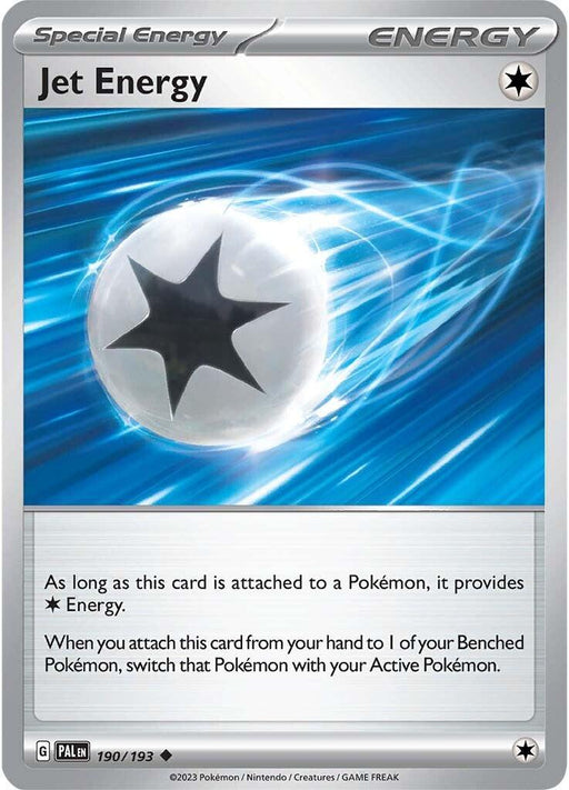 A Pokémon trading card titled "Jet Energy (190/193) [Scarlet & Violet: Paldea Evolved]" is part of the Paldea Evolved set. It features an illustration of a silver energy ball emitting a bright blue aura, with a black star symbol in its center. The card text states it provides Special Energy when attached to a Pokémon and switches a Benched Pokémon with an Active Pokémon.
