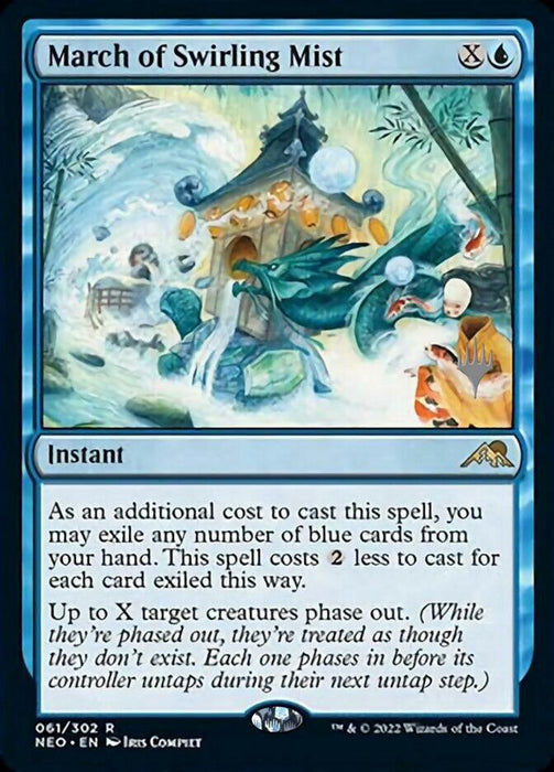 A Magic: The Gathering card titled "March of Swirling Mist (Promo Pack) [Kamigawa: Neon Dynasty Promos]." With blue borders, it features a fantasy illustration of ethereal figures surrounding a Japanese-style shrine enveloped in swirling mist. Part of the Kamigawa: Neon Dynasty set, this rare card is an Instant with an additional casting cost of exiling blue cards.
