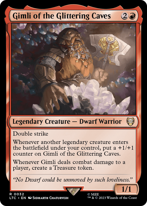 The Magic: The Gathering card "Gimli of the Glittering Caves" from The Lord of the Rings: Tales of Middle-Earth Commander set showcases a bearded dwarf warrior wielding an axe. The red-bordered card highlights abilities such as Double Strike and Treasure token creation. The flavor text emphasizes Gimli's unmoveable nature, reflecting his valor from the rich lore of The Lord of the Rings: Tales of Middle-Earth.