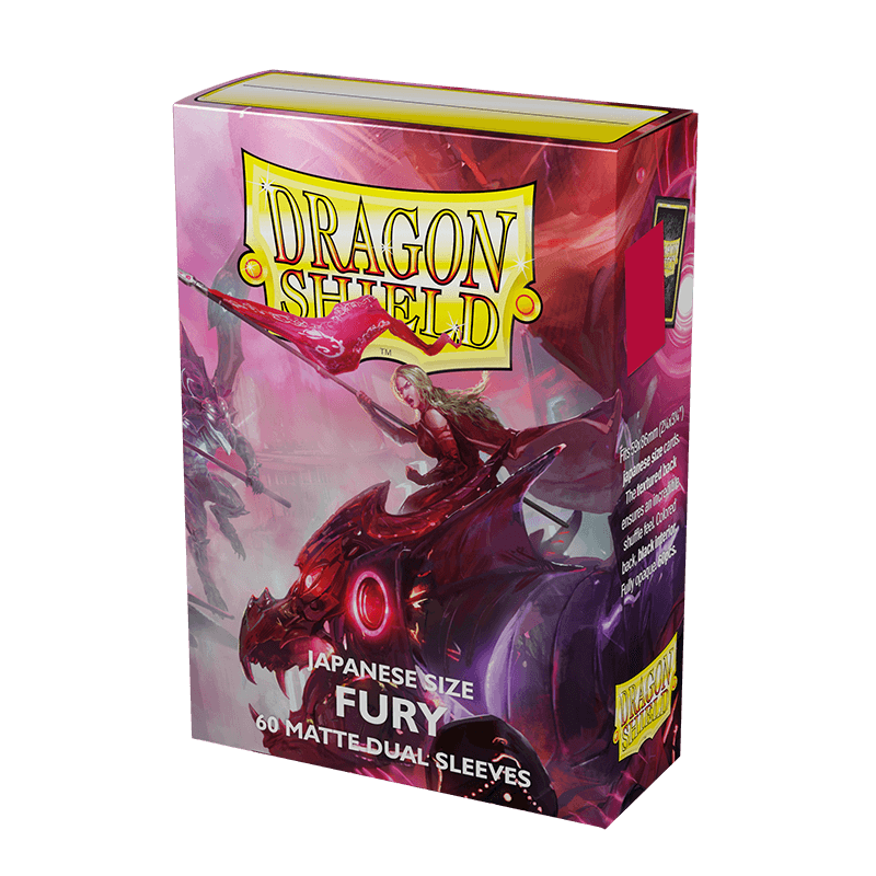 Arcane Tinmen's Dragon Shield: Japanese Size 60ct Sleeves - Fury (Dual Matte) features a warrior woman in armor on a red dragon against a pink and red backdrop. The bold text and logo ensure these sleeves are perfect for deck protection.