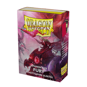 Arcane Tinmen's Dragon Shield: Japanese Size 60ct Sleeves - Fury (Dual Matte) features a warrior woman in armor on a red dragon against a pink and red backdrop. The bold text and logo ensure these sleeves are perfect for deck protection.