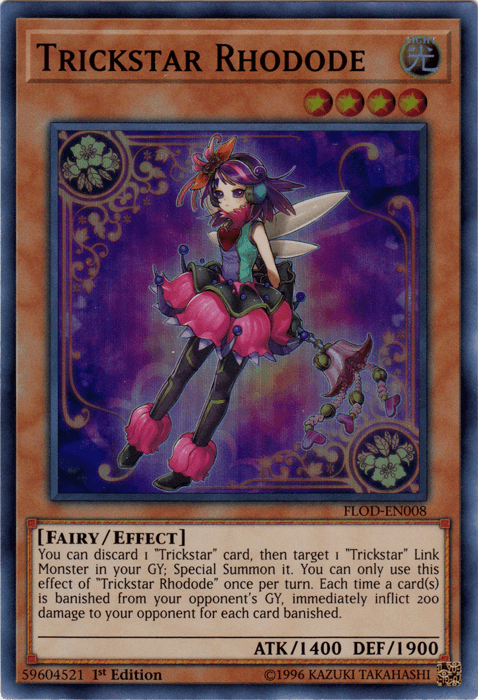 Image of a "Yu-Gi-Oh!" trading card called "Trickstar Rhodode [FLOD-EN008] Super Rare," an Effect Monster from the Flames of Destruction set. The fairy-like character has purple hair, wings, and pink and black clothing. Her effect inflicts 200 damage for each card banished from an opponent’s graveyard. She has 1400 ATK and 1900 DEF.