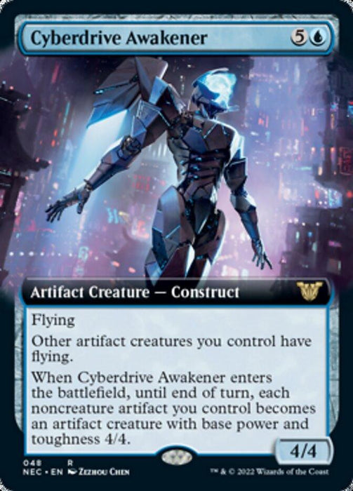 The image depicts a Magic: The Gathering card from Kamigawa: Neon Dynasty named Cyberdrive Awakener (Extended Art) [Kamigawa: Neon Dynasty Commander]. This artifact creature construct costs 5 colorless and 1 blue mana, has flying, and boasts 4/4 power and toughness. Its ability grants flying to other artifact creatures you control and transforms them upon entering the battlefield.