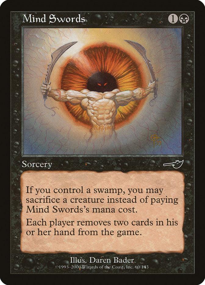 Mind Swords [Nemesis]" from Magic: The Gathering is a sorcery card that features a powerful figure with a blazing eye and two curved swords. It requires one generic mana and one black mana to cast, and its ability revolves around discarding cards. The haunting swamp setting adds to the card's ominous charm.