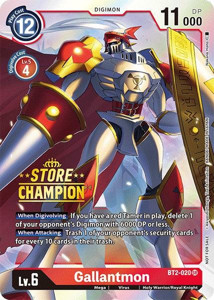 A detailed illustration of Gallantmon [BT2-020] (Store Champion) [Release Special Booster Promos], a Royal Knight from the Digimon series. It's level 6, evolution cost 3, with 11,000 DP. Gallantmon wears red and gold armor, holding a large lance and shield. The promo card has the "Store Champion" tag and describes its abilities and stats in the Digimon card game.