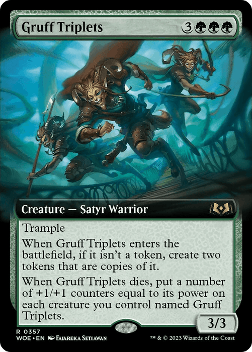 A Magic: The Gathering card named "Gruff Triplets (Extended Art) [Wilds of Eldraine]" depicts three goat-like warriors in armor, each holding a weapon and standing in a battle-ready stance. Drawing from the Wilds of Eldraine, this green creature has a mana cost of 3 green and 3 other, power/toughness of 3/3, with card text describing its abilities as formidable Satyr Warriors.