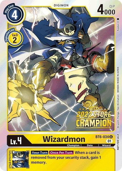 A "Wizardmon [BT6-034] (2022 Store Champion) [Double Diamond Promos]" from the Double Diamond Promos set featuring the uncommon Wizardmon with stats and abilities. The card has a blue and gold border, indicating its status. Wizardmon, a humanoid dressed in a blue cloak and wielding a staff, stands amidst glowing lightning. Text below details his abilities and stats.