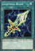 The image displays a Yu-Gi-Oh! trading card named "Lightning Blade [SBCB-EN158] Common," an Equip Spell from the Speed Duel: Battle City Box. It features a glowing blade surrounded by green lightning. The card text reads: "Equip only to a Warrior monster. It gains 800 ATK. All WATER monsters on the field lose 500 ATK.