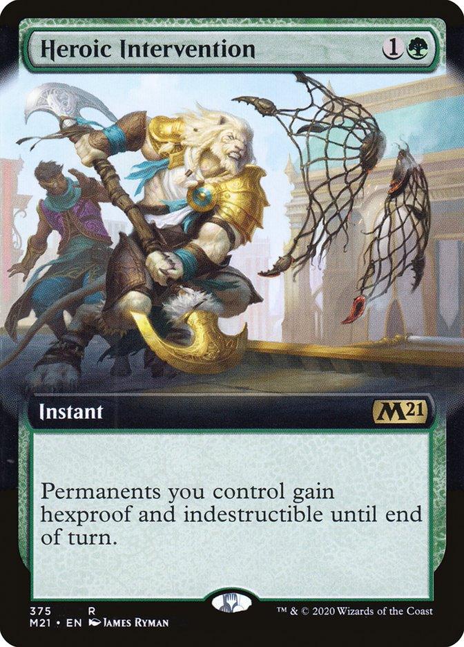 A Magic: The Gathering card titled "Heroic Intervention (Extended Art) [Core Set 2021]" features artwork of a muscular warrior breaking a net in an epic scene. This rare, green instant card with a casting cost of 1 colorless and 1 green mana grants hexproof and indestructible to your permanents until end of turn.