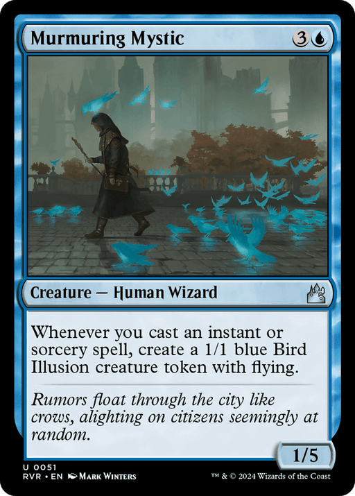 A "Magic: The Gathering" card titled "Murmuring Mystic [Ravnica Remastered]" from the Magic: The Gathering series depicts a Human Wizard with a staff, walking through a misty city. The card costs 3 colorless mana and 1 blue mana, has toughness of 5, power of 1, and summons bird tokens whenever an instant or sorcery spell is cast.