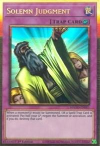 A Yu-Gi-Oh! Gold Rare Solemn Judgment [MAGO-EN051] Trap Card depicting an older bearded man in a green robe raising his hand, with two blonde figures behind him. The card's border is purple, and the effect text details its ability to negate monster summons or spell/trap cards at the cost of half the player's life points.