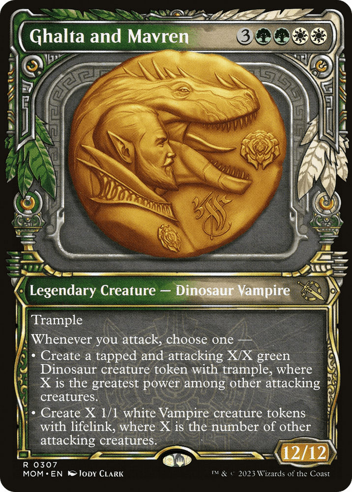 A Magic: The Gathering card titled "Ghalta and Mavren (Showcase Planar Booster Fun) [March of the Machine]." This rare, legendary creature is a 12/12 Dinosaur Vampire adorned with intricate designs, capable of adding green dinosaur and white vampire tokens. It features the "Trample" keyword. Art by Jody Clark.
