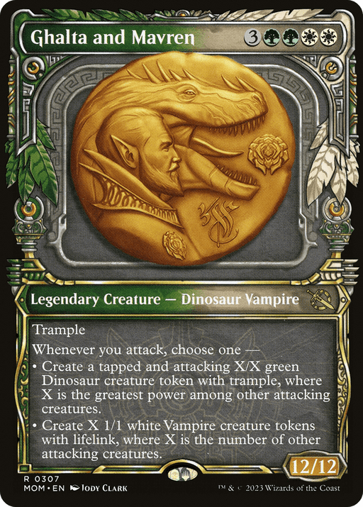 A Magic: The Gathering card titled "Ghalta and Mavren (Showcase Planar Booster Fun) [March of the Machine]." This rare, legendary creature is a 12/12 Dinosaur Vampire adorned with intricate designs, capable of adding green dinosaur and white vampire tokens. It features the "Trample" keyword. Art by Jody Clark.
