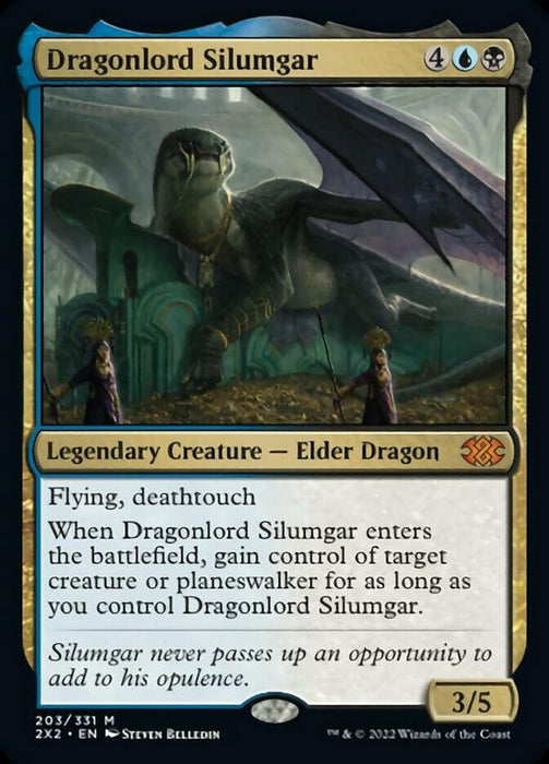 The image showcases a Magic: The Gathering card from Double Masters 2022 named Dragonlord Silumgar [Double Masters 2022]. This Legendary Creature – Elder Dragon, with a casting cost of 4UB, features a dragon in an ornate headdress lounging on a throne. It has Flying, Deathtouch, and can gain control of a target creature or planeswalker. Its power and toughness stand at