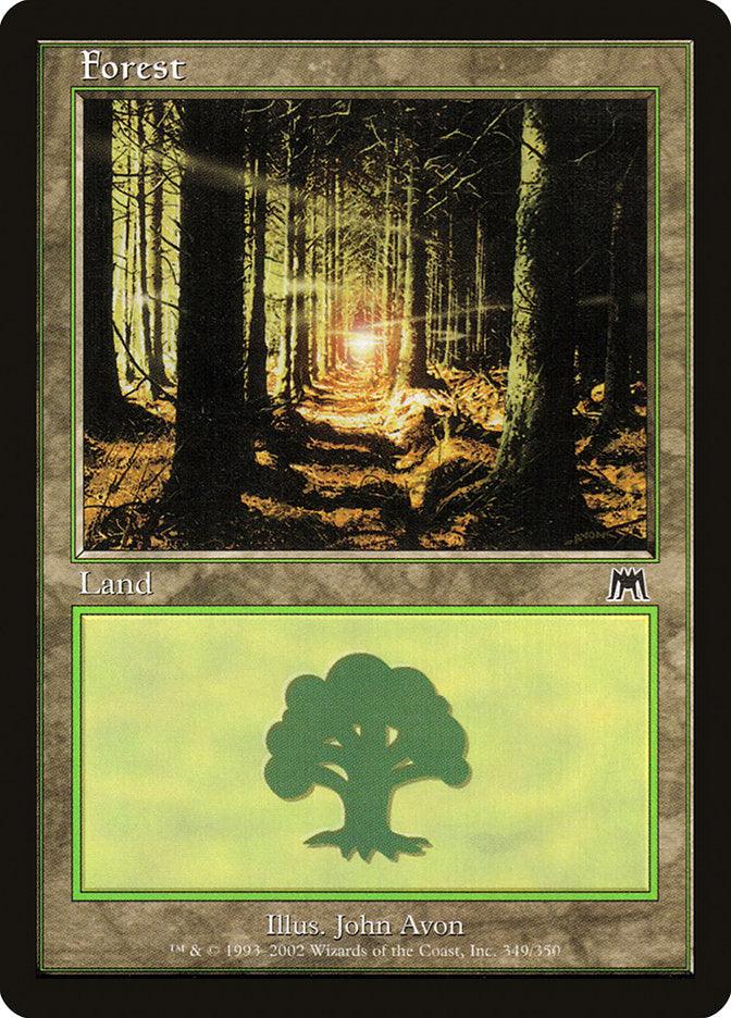 A "Magic: The Gathering" card titled "Forest (349) [Onslaught]," featuring artwork from the Onslaught series. It showcases a sunlit forest path flanked by trees. Below the art, there's a green tree symbol and text reading "Illus. John Avon." The Basic Land card is bordered in brown with "Land" next to the title.