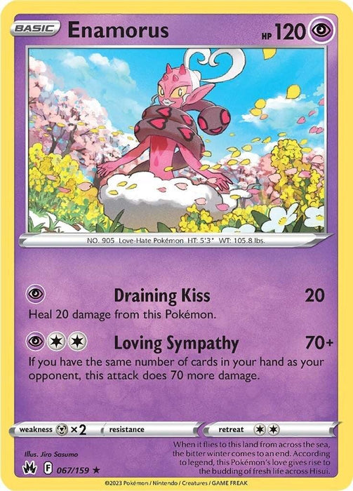 The image shows a Pokémon trading card from the Sword & Shield series featuring Enamorus. It is a Basic, Psychic-type with 120 HP. The card has abilities "Draining Kiss" and "Loving Sympathy." Enamorus is depicted amidst pink cherry blossoms and mountains, with its stats and illustrators listed below. The product name is Enamorus (067/159) [Sword & Shield: Crown Zenith] by Pokémon.