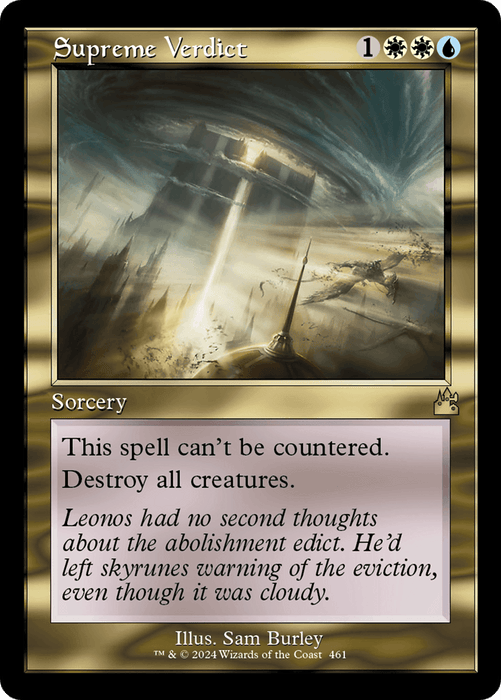 Magic: The Gathering card "Supreme Verdict (Retro Frame) [Ravnica Remastered]" from Magic: The Gathering. The gold-bordered, rare sorcery depicts a cataclysmic beam of light decimating a city. The card's text reads: "This spell can't be countered. Destroy all creatures." Flavor text: "Leonos had no second thoughts about the abolishment edict...