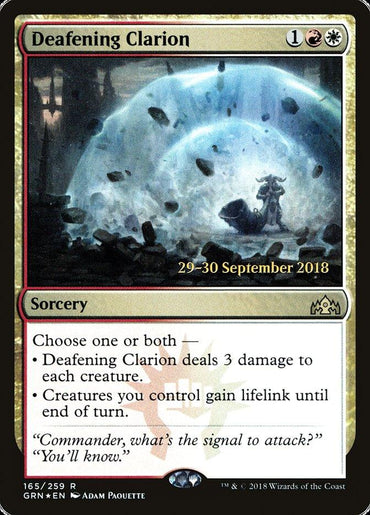 Deafening Clarion," a unique sorcery card from the Magic: The Gathering Guilds of Ravnica Prerelease Promos, features artwork depicting figures engulfed in a mystical explosion. Requiring 1 red and 1 white mana, you can opt to either inflict 3 damage to each creature or grant your creatures lifelink until the end of turn. Event date: September 29-30, 2018.