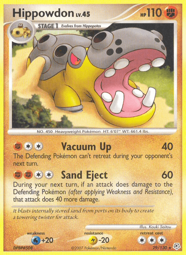 This unique Pokémon card, Hippowdon (29/130) from the Diamond & Pearl: Base Set series by Pokémon, features the large, yellow and black hippo-like creature with 110 HP. The card illustrates Hippowdon with its mouth wide open and includes the moves Vacuum Up, dealing 40 damage, and Sand Eject, which inflicts 60+ damage. It has a water weakness, lightning resistance, and a retreat cost of two colorless energy.