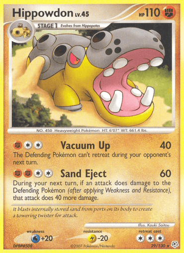 This unique Pokémon card, Hippowdon (29/130) from the Diamond & Pearl: Base Set series by Pokémon, features the large, yellow and black hippo-like creature with 110 HP. The card illustrates Hippowdon with its mouth wide open and includes the moves Vacuum Up, dealing 40 damage, and Sand Eject, which inflicts 60+ damage. It has a water weakness, lightning resistance, and a retreat cost of two colorless energy.