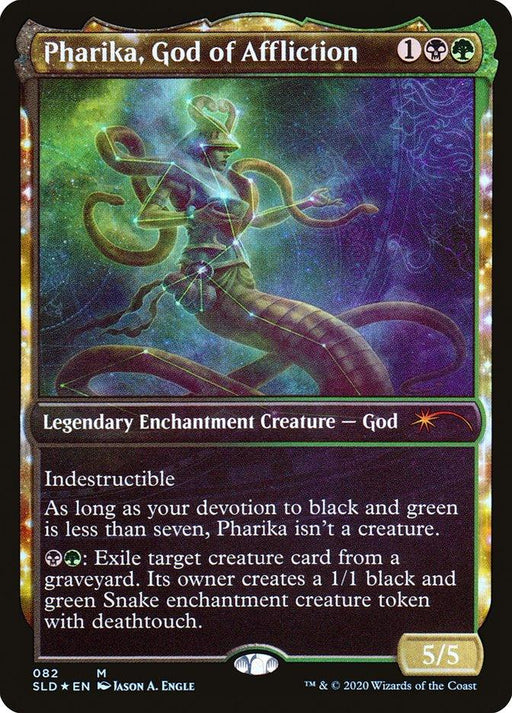 The image is a Magic: The Gathering card titled "Pharika, God of Affliction [Secret Lair Drop Series]." It depicts a snake-like god surrounded by ethereal green energy. As a Legendary Enchantment Creature of mythic rarity, it boasts indestructibility and abilities tied to black and green devotion, exiling cards from the graveyard to create snake tokens.