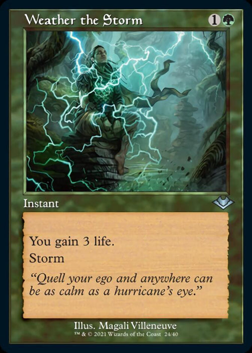 A Magic: The Gathering card titled **"Weather the Storm (Retro Foil Etched) [Modern Horizons 2]"**. This Instant from Modern Horizons 2 depicts a robed figure surrounded by swirling, greenish energy and lightning against a dark, ominous backdrop with stone pillars. For 1 generic mana and 1 green mana, it grants 3 life and has the Storm ability.