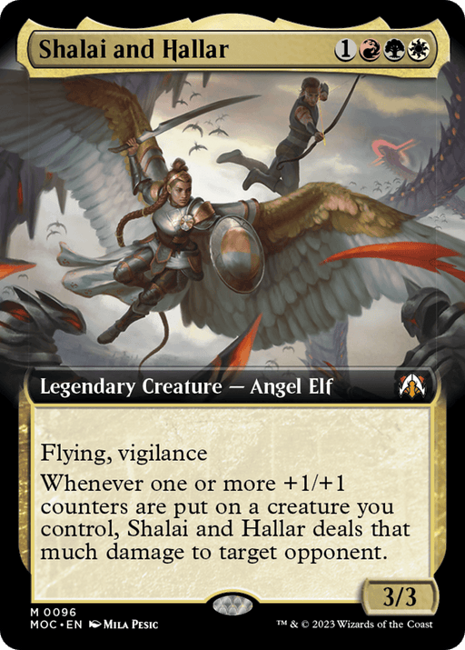 A Magic: The Gathering card titled "Shalai and Hallar (Extended Art) [March of the Machine Commander]." This legendary creature depicts a dynamic illustration of an angel elf duo riding a dragon-like creature against a stormy sky. With a cost of 1 red, green, and white mana, the card boasts Flying, Vigilance, and a power/toughness of 3/3.