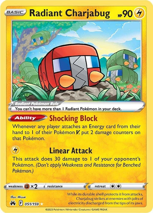 A Pokémon Radiant Charjabug (051/159) [Sword & Shield: Crown Zenith] from the Pokémon collection features Radiant Charjabug. The ultra-rare card has a shiny golden border and an image of Charjabug, a boxy, bug-like Pokémon with a red face and green body, set in a forest. It has 90 HP and Electric type. The card details its abilities, attacks, and other stats.
