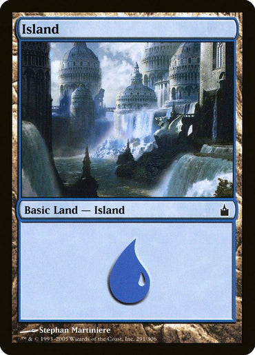 A Magic: The Gathering product titled "Island (291) [Ravnica: City of Guilds]". It features an illustration of a majestic, waterfall-laden city with classical architecture and dome-shaped roofs. Key labels include "Basic Land – Island" and a blue water droplet symbol. The artist is Stephan Martiniere.