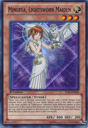 A Yu-Gi-Oh! trading card named "Minerva, Lightsworn Maiden [SDLI-EN002] Super Rare." Minerva, a young woman with red hair, is dressed in a white dress and holding a white owl. This Lightsworn Tuner Monster has light theme visuals and various stats in text boxes below the image, including "Spellcaster/Tuner" type and ATK/DEF values of 800/