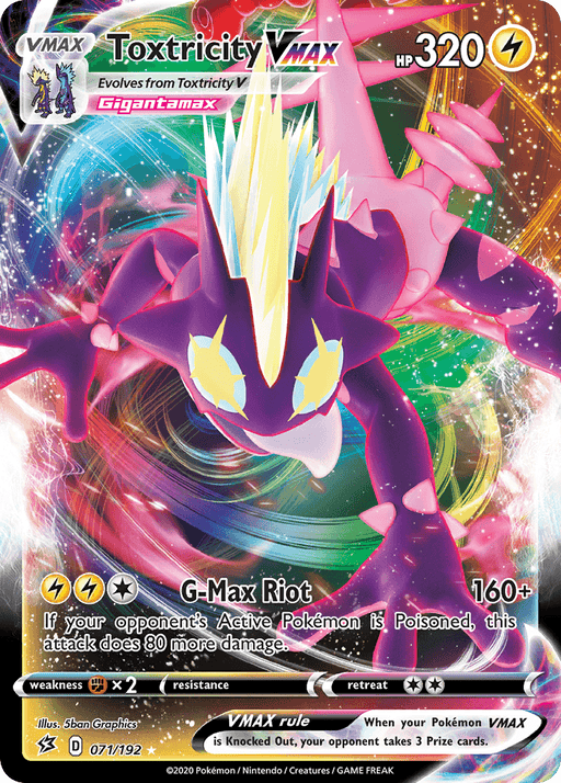 Image of an Ultra Rare Pokémon trading card for Toxtricity VMAX (071/192) [Sword & Shield: Rebel Clash]. The card features Toxtricity in its Gigantamax form, with vibrant purple, yellow, and pink colors, and electric energy surrounding it. This Pokémon card includes stats, abilities like "G-Max Riot," and is numbered 071/192.