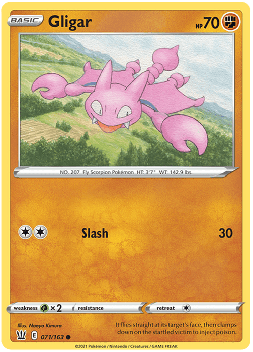 A Pokémon card for **Gligar (071/163) [Sword & Shield: Battle Styles]**, a pink, scorpion-like creature flying through a scenic background of hills and clouds. This Common card from the *Sword & Shield: Battle Styles* set has 70 HP and features an attack called "Slash" that deals 30 damage. It shows Gligar's Fighting type, weaknesses, retreat cost, illustrator, and set number.