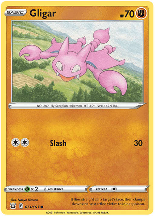 A Pokémon card for **Gligar (071/163) [Sword & Shield: Battle Styles]**, a pink, scorpion-like creature flying through a scenic background of hills and clouds. This Common card from the *Sword & Shield: Battle Styles* set has 70 HP and features an attack called "Slash" that deals 30 damage. It shows Gligar's Fighting type, weaknesses, retreat cost, illustrator, and set number.