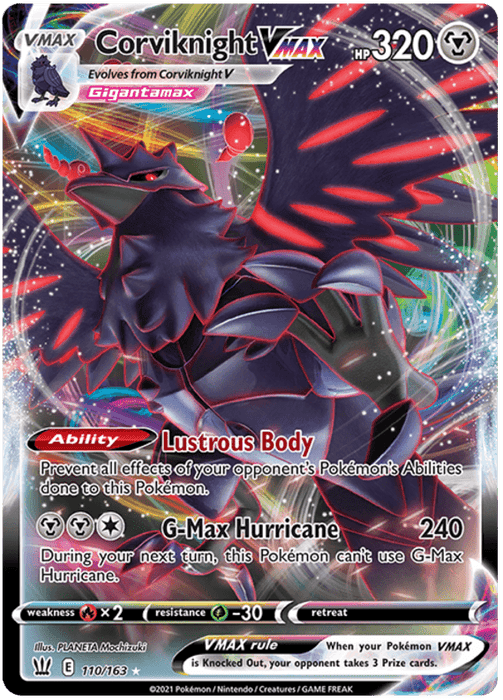 The Corviknight VMAX (110/163) [Sword & Shield: Battle Styles] Pokémon card from Pokémon features Gigantamax Corviknight, a black, metallic bird with glowing red feathers and eyes, soaring through a cosmic background. This Ultra Rare card has 320 HP, the attack 'G-Max Hurricane' with 240 damage, and the ability 'Lustrous Body.' The card number is 110/163.