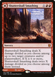 The image shows a "Magic: The Gathering" card named Shatterskull Smashing // Shatterskull, the Hammer Pass [Zendikar Rising]. It's a mythic rare red card with a cost of X and two red mana. The artwork, by Adam Paquette, depicts an explosion in a rocky landscape. The text describes dealing X damage divided among targets, with extra effects if X is six or more.