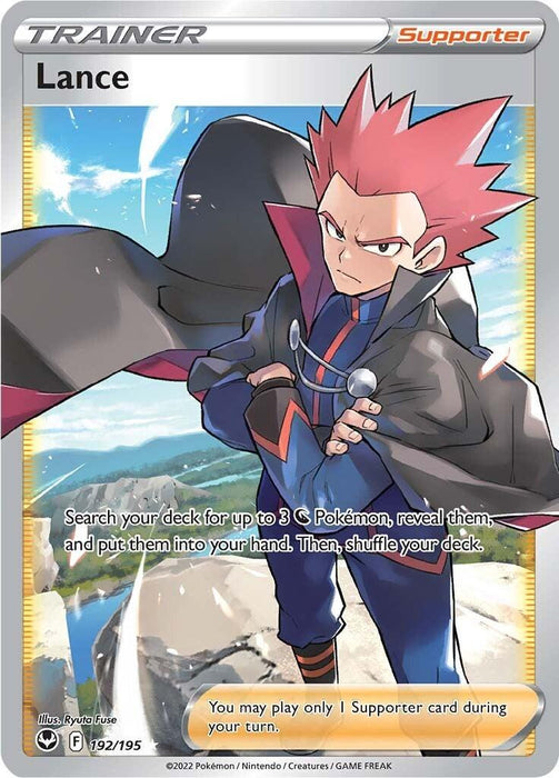 A Pokémon trading card featuring Lance, a character with spiky red hair and a determined expression, from the Sword & Shield series. He wears a black cape with red lining and a blue jumpsuit with a red belt. This Ultra Rare card's text allows you to search for up to 3 Dragon Pokémon, reveal them, and add them to your hand is the Lance (192/195) [Sword & Shield: Silver Tempest] from Pokémon.