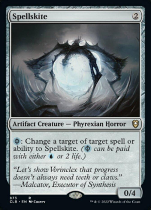 A Magic: The Gathering card named "Spellskite [Commander Legends: Battle for Baldur's Gate]." It has a casting cost of two colorless mana and is an Artifact Creature - Phyrexian Horror with 0 power and 4 toughness. It features an ability to change a spell or ability's target to Spellskite for one Phyrexian blue mana or two life. The card flavor text reads, "Let's show Vor