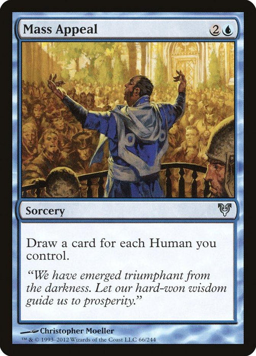 A Magic: The Gathering product titled "Mass Appeal [Avacyn Restored]" is shown. It is a blue sorcery card from Avacyn Restored that costs 2 generic mana and 1 blue mana to cast. The card's artwork depicts a robed figure speaking to an enthusiastic crowd, with his arms raised. The card's text reads: "Draw a card for each Human you control." The flavor text