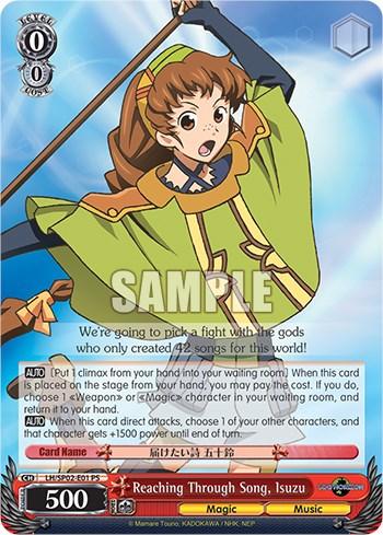 The image is a Super Rare trading card featuring an anime-style character from Log Horizon. The girl with brown pigtails is dressed in a green and yellow outfit while holding a sword. The card's name is "Reaching Through Song, Isuzu [Log Horizon Power Up Set]," and it belongs to the "Magic" and "Music" categories in the Power Up Set by Bushiroad.