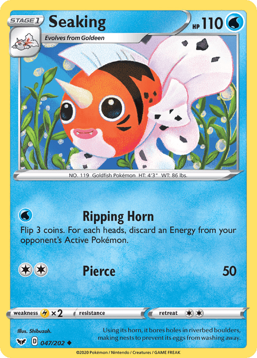 A Pokémon Seaking (047/202) [Sword & Shield: Base Set], a fish-like Pokémon with orange, white, and black markings. The card shows it swimming in water with plants in the background. Part of the Sword & Shield Base Set, it has 110 HP and two moves: "Ripping Horn" and "Pierce." The card is blue with white text and numbered 047/202.