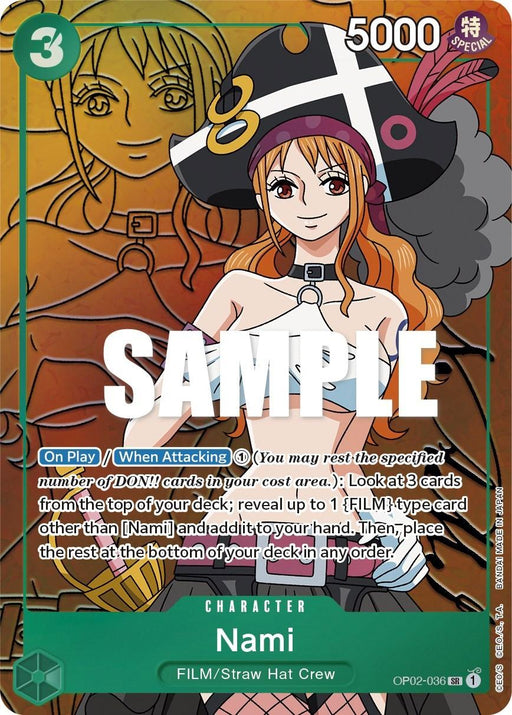 A Nami (Alternate Art) [Paramount War] trading card by Bandai featuring Nami from One Piece. She dons a witch hat and an off-shoulder dress, boasting a 5000 power rating and a cost of 3. This Character Card is part of the FILM/Straw Hat Crew set, with the ability to reveal up to 1 FILM type card from the deck when played or attacking.