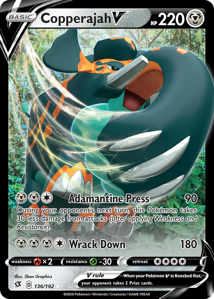 The Copperajah V (136/192) from Pokémon's Sword & Shield: Rebel Clash has a metallic sheen on the elephant creature in vibrant green and orange. With 220 HP, it offers strong attacks like Adamantine Press (90) and Wrack Down (180), plus details on retreat, weakness, and resistance.