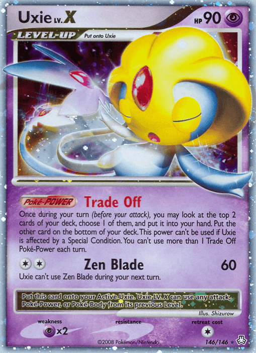 A Pokémon card featuring Uxie LV.X (146/146) [Diamond & Pearl: Legends Awakened] from the Pokémon series. This Holo Rare card includes the "Trade Off" Poké-Power for drawing cards and a "Zen Blade" attack that deals 60 damage but can't be used consecutively. The card, numbered 146/146, boasts a cosmic background and holographic effects.
