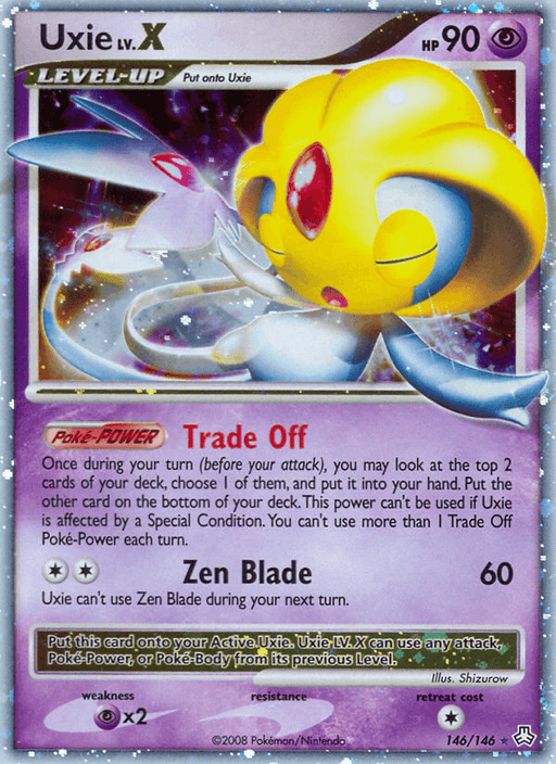 A Pokémon card featuring Uxie LV.X (146/146) [Diamond & Pearl: Legends Awakened] from the Pokémon series. This Holo Rare card includes the "Trade Off" Poké-Power for drawing cards and a "Zen Blade" attack that deals 60 damage but can't be used consecutively. The card, numbered 146/146, boasts a cosmic background and holographic effects.