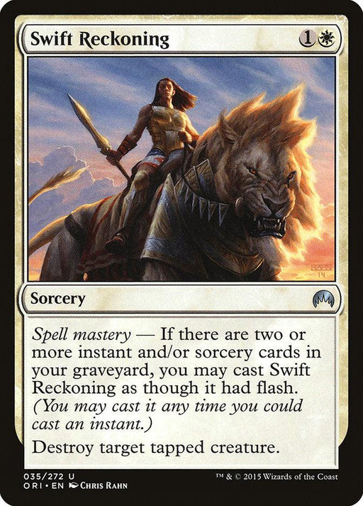 The Magic: The Gathering product titled "Swift Reckoning [Magic Origins]" features painted art of a figure with a sword riding a large, horned beast. The spell box text details casting it as an instant under certain conditions to destroy a tapped creature. Card number 035/272.